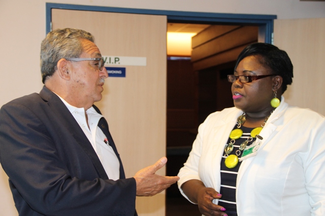 Junior Minister of Youth and Sports on Nevis Hon. Hazel Brandy-Williams with Mr. Victor Lopez, President of the North America Central America and Caribbean Athletics Association (NACAC) and Council Member of the International Association of Athletics Federations at the Vance W. Amory International Airport on March 10, 2017